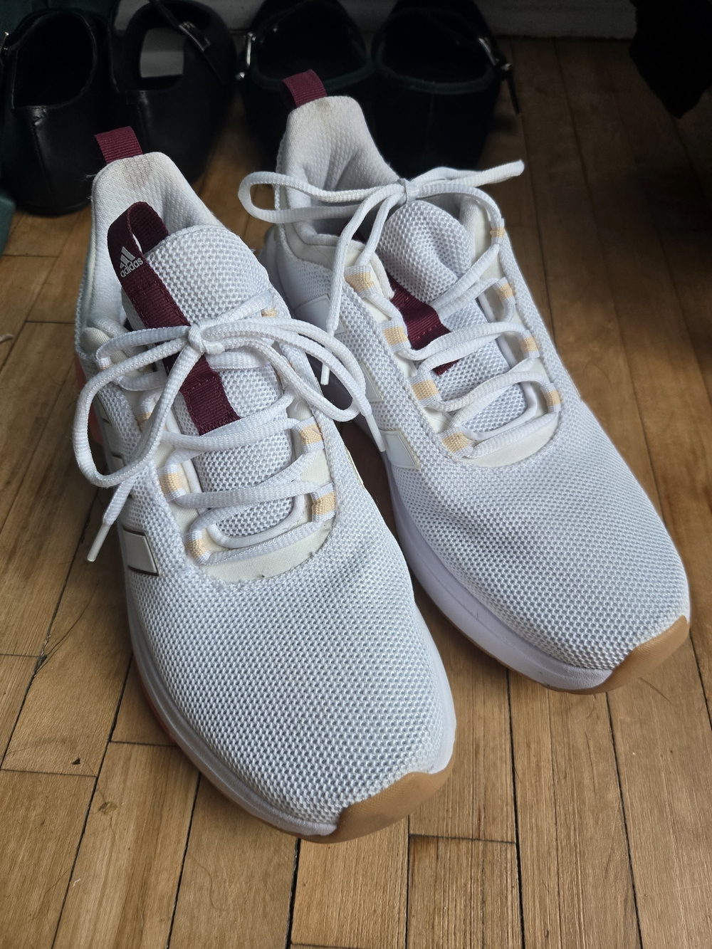 adidas White Mesh Sneakers with Maroon Pull Tab and Tan Accents